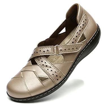 Imagem de Irrefour Mocassim feminino clássico de couro genuíno casual fofo sem cadarço moderno bico fechado sandália rasteira confortável para trabalho diário, Dourado, 36