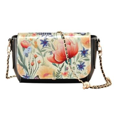 Imagem de Linda flor azul em bolsas de ombro femininas brancas, bolsas de couro femininas transversais, bolsa transversal de couro para mulheres, Borboletas e flores florais em aquarela - 2, One Size