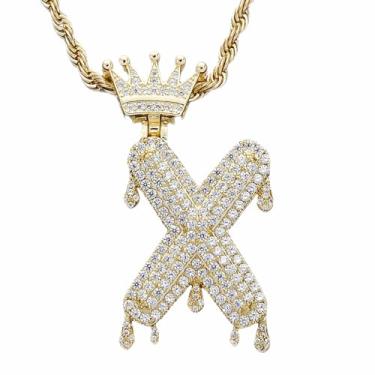 Imagem de Colar com inicial para homens e mulheres, pingente de letra da coroa banhado a ouro 18 K com corrente de 60 cm, colar com monograma de zircônia cúbica com monograma maiúsculo, joia de presente, Latão, Zircônia cúbica