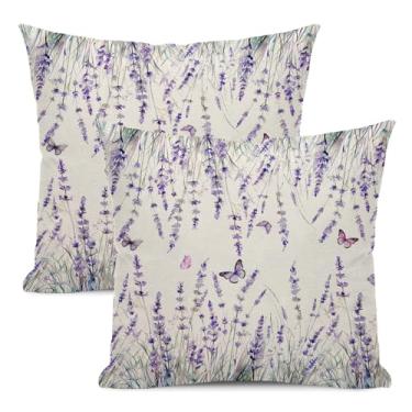 Imagem de Conjunto de 2 capas de almofada de primavera 45,7 x 45,7 cm (45,7 x 45.7 cm) com borboleta floral lavanda roxa decoração ao ar livre capa de almofada de linho para sofá doméstico