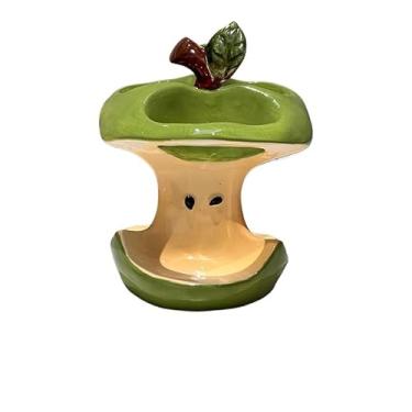 Imagem de ZRUBWII Suporte de escova de dentes de cerâmica Apple Core, verde e bege, 11 x 12 x 12 cm, acabamento brilhante, organizador de bancada com drenagem