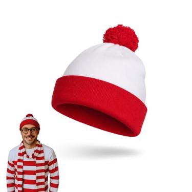 Imagem de Chapéu Wheres Waldo – Divertido e moderno Wheres Waldo – Chapéu vermelho e branco divertido Waldo fantasias para homens e mulheres – Gorro branco com pompom vermelho, acessórios Where's Waldo