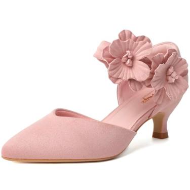 Imagem de RIBONGZ Sapato feminino de salto baixo com bico fino, confortável, com tira de flor, salto elegante para casamento, dança, festa, escritório, trabalho, Camurça rosa, 41