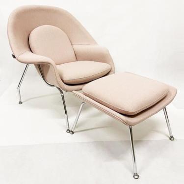 Imagem de Poltrona Decorativa Womb Chair com puff linho cor Rosé Pés Cromados - 