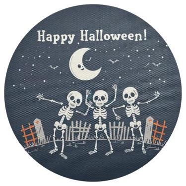 Imagem de xigua Jogo americano redondo de esqueleto engraçado de Halloween, conjunto de 1, tapete de mesa redondo antiderrapante resistente ao calor, tapetes de mesa de 48 cm para decoração de cozinha, jantar e