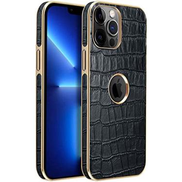 Imagem de BKUANE Capa traseira de telefone com textura de crocodilo, para Apple iPhone 14 Plus 6,7 polegadas 2022 Capa de couro genuíno à prova de choque com logotipo visível (Cor: Preto)