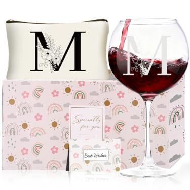 Imagem de Presentes de Natal para mulheres, taças de vinho com monograma com bolsa de maquiagem, presentes exclusivos de elefante branco de casamento para mãe, pai, irmã, professora, esposa, marido (M)