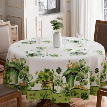 Imagem de XCHI Green Hats Toalha de mesa redonda para o dia de São Patrício com moedas de trevo, toalhas de mesa laváveis para decoração de festa em casa 177 x 178 cm