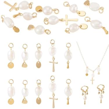 Imagem de FASHEWELRY 10 pingentes de pérolas naturais de água doce com oval/cruz/coração de aço inoxidável dourado, pingentes de pérolas ovais irregulares, elos com laço para fazer joias de brinco DIY