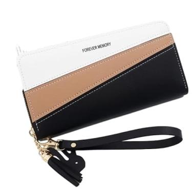 Imagem de Carteira feminina de couro genuíno com dobra dupla/tripla - Suporte minimalista para cartão de crédito com bloqueio de RFID e bolso para moedas, Preto, Casual