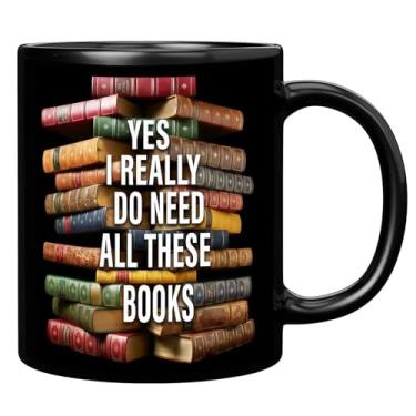 Imagem de ONRRI Caneca de café de cerâmica preta de 325 ml para amantes de livros, impressão dupla face, segura para lava-louças, copo de biblioteca seguro para micro-ondas, para leitores, professores