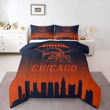 Imagem de Erosebridal Jogo de cama casal Chicago, decoração de futebol americano, temática de rúgbi, esporte, para adolescentes e meninos, silhueta de cidade de futebol americano, 3 peças, coleção de quarto