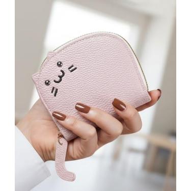 Imagem de Porta-cartões Cedit com 11 compartimentos, carteira feminina de couro de gato fofo, rosa, 11x9x2.5cm, Moderno