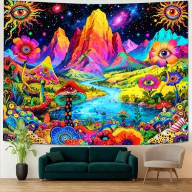 Imagem de SHRAPHY Tapeçaria grande de cogumelo montanhas coloridas nebulosas cósmicas decoração de parede olhos flores plantas naturais rios engraçado vintage fantasia mandala quarto dormitório decoração sala