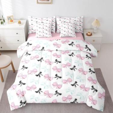 Imagem de Erosebridal Jogo de cama solteiro para meninas com laço preto, rosa e azul, 7 peças, conjunto de edredom de fita kawaii com lençóis, cama de coquete fofo em uma bolsa, conjunto de cama feminina