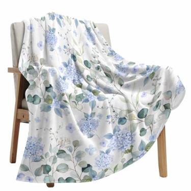 Imagem de Cobertor de lã, fazenda hortênsia flor azul macio cobertor de flanela aconchegante para sofá-cama sofá acampamento, folha de eucalipto country floral todas as estações use cobertores leves 101 x 127