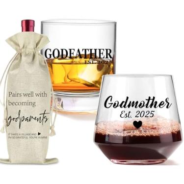 Imagem de comfit Conjunto de presente de pedido de padrinho - taça de vinho sem haste para madrinha, copo de uísque para padrinho e elegante saco de vinho - presente perfeito para padrinhos