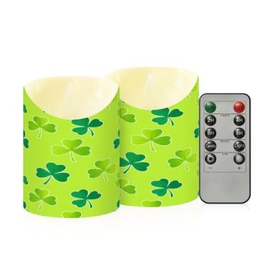Imagem de Wassud Pacote com 2 velas sem chama de trevos verdes do dia de São Patrício com controle remoto, velas realistas cintilantes com temporizador, velas decorativas para Natal, casamento, festa, decoração