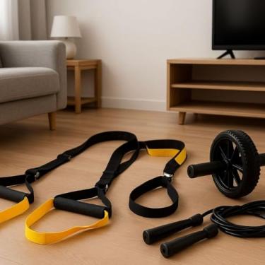 Imagem de Kit Treino Funcional Completo com Suspensão, Roda Abdominal Dupla e Corda de Pular(Preto)