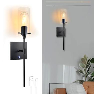 Imagem de GZZBMY Lâmpada de parede LED bateria sem fio preto metal iluminação de parede interruptor de toque regulável luzes de parede de vidro sombra para sala de estar escada quarto cabeceira (A, 1 peça)