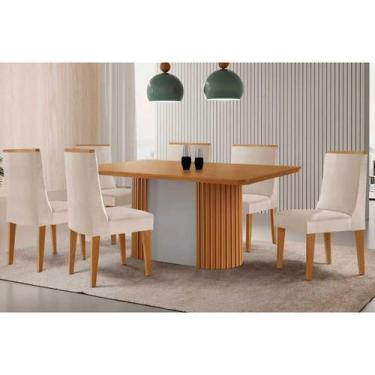 Imagem de Mesa Cozinha Pilar c/ Tampo Madeirado Canto Curvo 180x90cm e 6 Cadeira