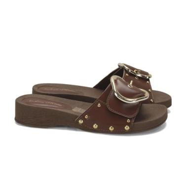 Imagem de Tamanco Café Salto Baixo 3cm Tachas e Fivela Napa