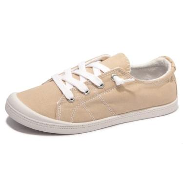 Imagem de Tênis feminino sem cadarço, confortável de lona com cano baixo, sapatos modernos casuais para mulheres caminhando com sola de borracha antiderrapante, Café Leve, 35