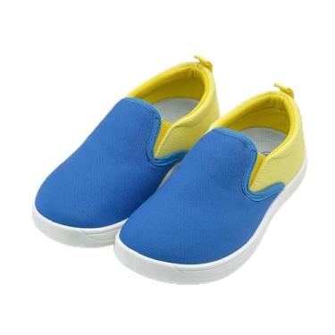 Imagem de Tênis infantil para meninas e meninos, cano baixo, sem cadarço, com bloqueio de cor, sapatos casuais de lona, confortável, tênis de corrida e caminhada com bloqueio de cor, azul royal, amarelo, Azul