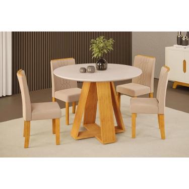 Imagem de Conjunto: Mesa Sala Jantar Celeste c/ Tampo Madeirado c/ Vidro Redondo 103x103cm e 4 Cadeiras Zoe Cedro/Off White - Suede Creme - DJ Móveis