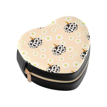 Imagem de Burbuja Mini caixa de joias em forma de coração com estampa de abóboras com vaca para mulheres e meninas, estojo portátil organizador de armazenamento para brincos, anéis, colares e pulseiras