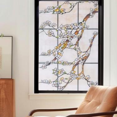 Imagem de OHTMERU Película de privacidade para janela de vitral 3D, controle de calor, bloqueio de UV, película decorativa de janela para banheiro, porta da frente, casa, não adesivo 60 x 99 cm flor de