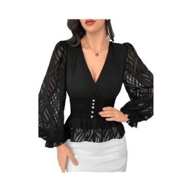 Imagem de Camisa feminina elegante e moderna com decote em V e manga lanterna - 