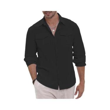 Imagem de Camisa Cargo Masculina De Algodão E Linho Para Outono, Com Dois Bolsos