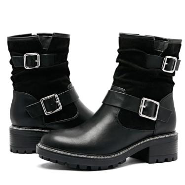 Imagem de Ruiee Botas de cano curto femininas de combate de salto baixo, bico redondo, zíper lateral, botas femininas., Preto Bmf 303, 38