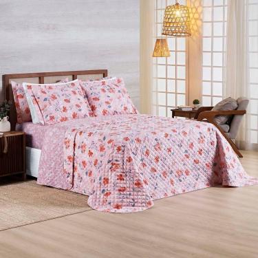 Imagem de Kit Cobre Leito Colcha Belle King Estampado Dupla Face 400 Fios 3 Peças Floral Rosê