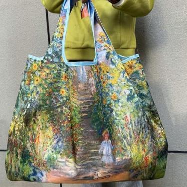 Imagem de Sacola reutilizável de grande capacidade, design chique de pintura a óleo, dobrável, bolsa de compras de nylon lavável para mulheres, bolsa de ginástica com alça de pulso, perfeita para supermercado