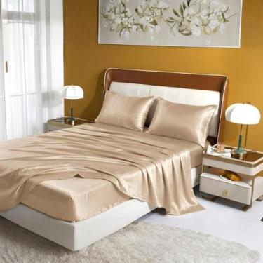 Imagem de Jogo de Lençol Cetim Casal King 4 Peças Lençol com Elástico e Fronhas 