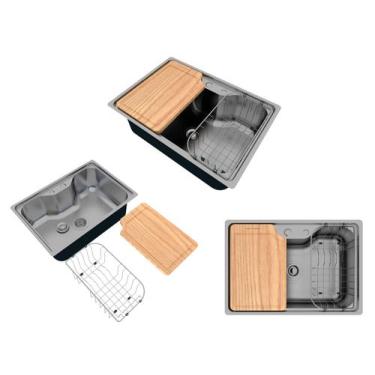 Imagem de Cuba Pia Cozinha Calha Úmida Aço Inox 60x40 Com Acessórios