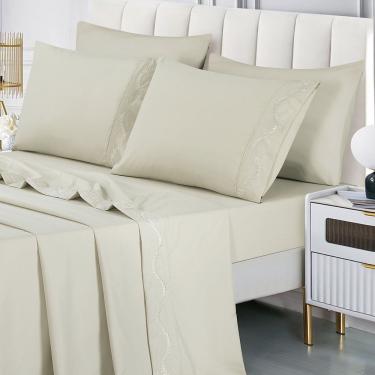 Imagem de Jogo De Cama Lençol Luminia Casal 4 Peças Micropercal 300 Fios Bordado Floral Bege 100%...