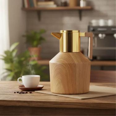 Imagem de Garrafa Térmica Para Café Chá 1lt. Madeira Clara Bico Dourado