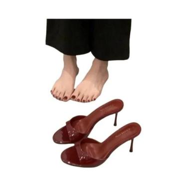 Imagem de Mules Femininas De Couro Envernizado Vinho Tinto Com Salto Alto E Bico