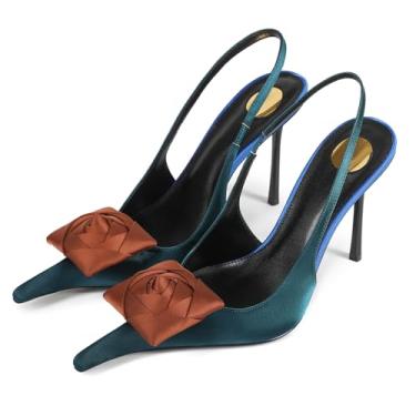 Imagem de CAGLGLZ Salto alto floral para mulheres, bico fino, fechado, salto stilettos, sem cadarço, tira elástica no tornozelo, slingback, moda, festa, elegante, sandálias femininas, Verde, 39