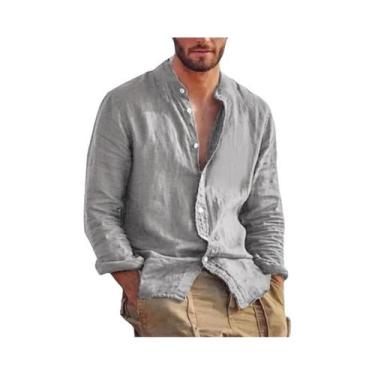 Imagem de Camisa Masculina De Linho De Manga Longa, Cor Sólida, Casual, Leve, Re