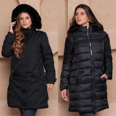Imagem de Sobretudo Alongado Puffer Dupla Face com Capuz Peluciado COR:PRETO-PRE
