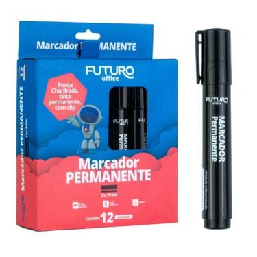 Imagem de Kit 12 Unidades Pincel Atômico Permanente Marcador Preto Ponta Chanfra