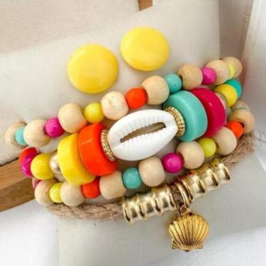 Imagem de Conjunto de brinco e pulseiras de miçangas e búzio amarelo - Medomina