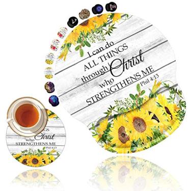 Imagem de Mouse pad ergonômico com suporte de descanso de pulso em gel, base de poliuretano antiderrapante, descanso de pulso para computador, jogos de escritório, alívio da dor Filipenses 4-13 citações cristãs girassóis da Bíblia + porta-copos