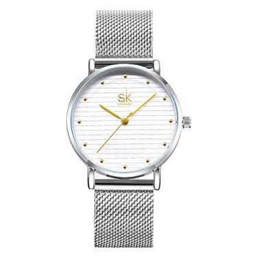 Imagem de SK SHENGKE Relógios de malha feminina, simples, de aço inoxidável, com parte traseira, relógio de pulso feminino, 0049 GD SR