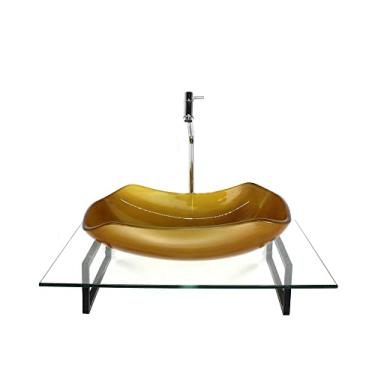 Imagem de KIT CUBA DE VIDRO ABAULADA DOURADO REAL COM TAMPO 60CM INCOLOR E SUPORTE TORNEIRA VALVULA