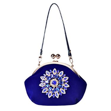 Imagem de Bolsa de diamante feminina para casamento nupcial bolsa de mão de veludo retrô flor cristal, Azul, M